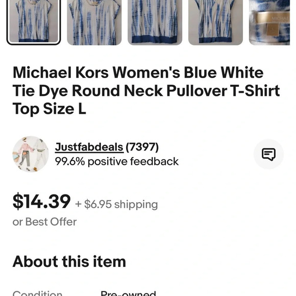 Michael Kors Blue and White Tie Dye Round Neck Short Sleeve Shirt Size S - Picture 7 of 7
